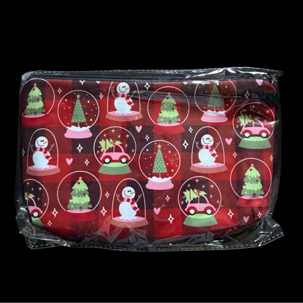 Festive Red/Black Plaid with snow globes pouch
